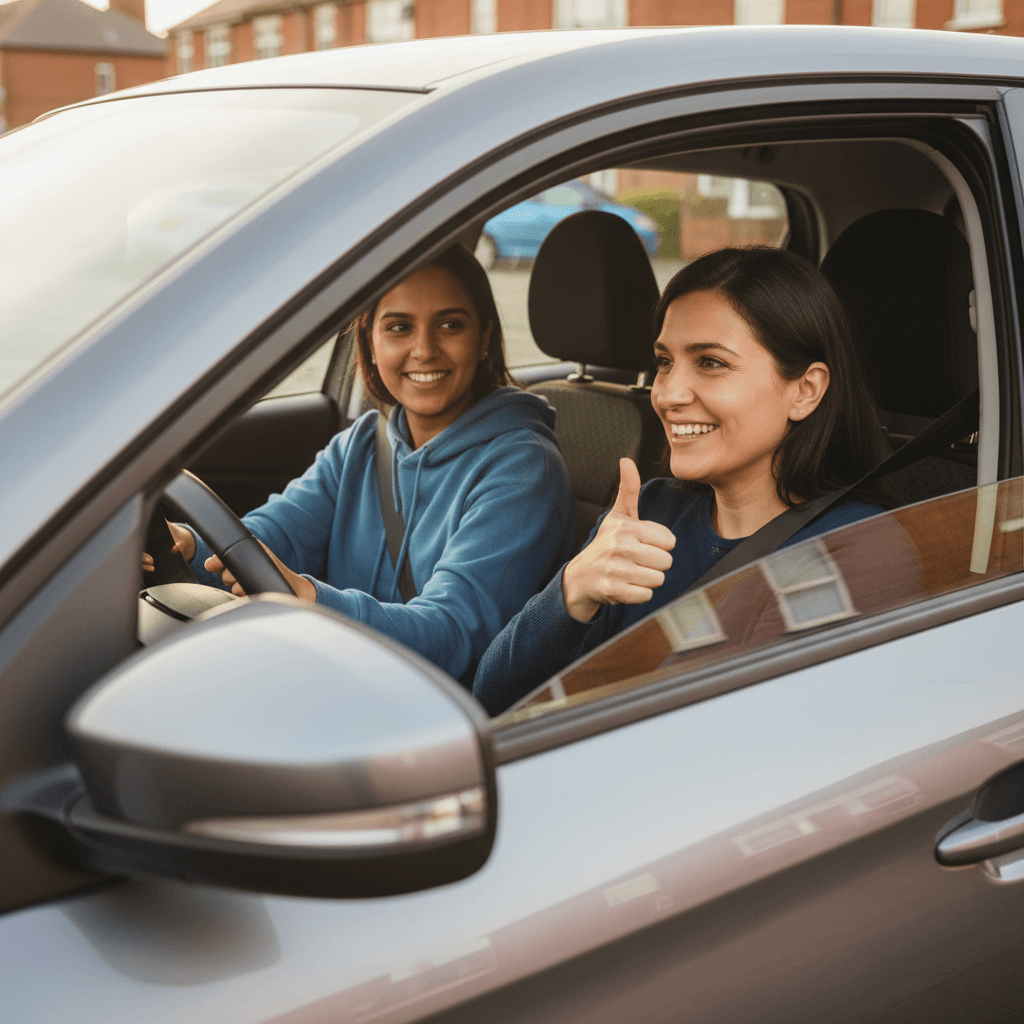 Learner driver and instructor in a car